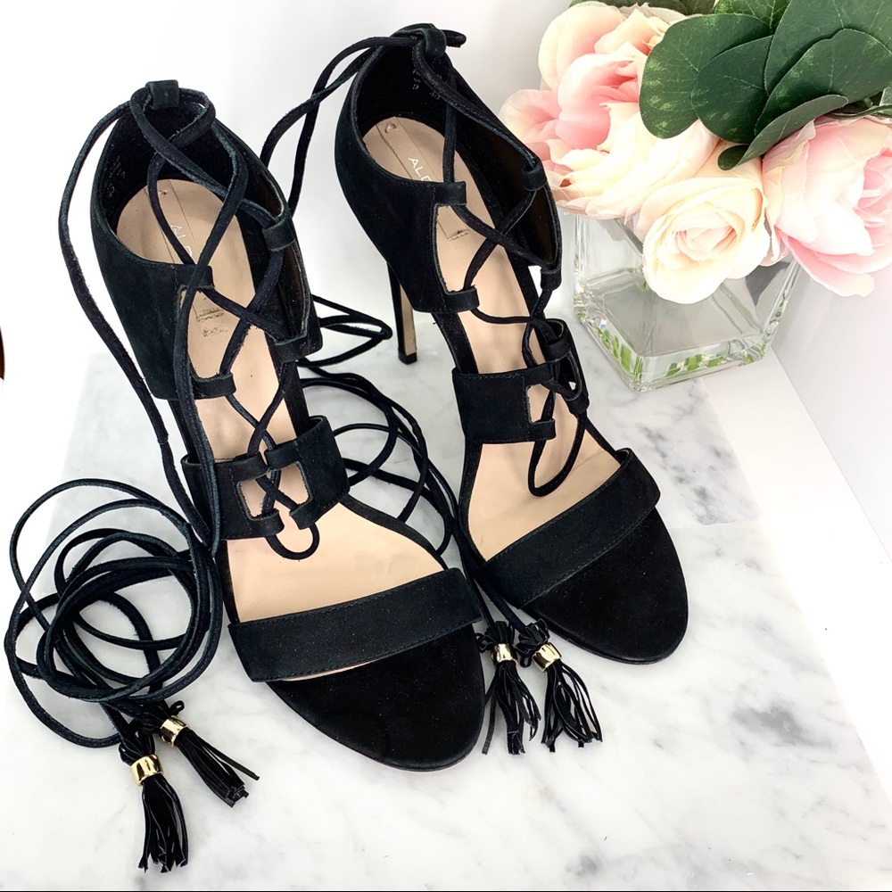 ALDO Black Suede Leather Lace Up Stiletto Heels 9